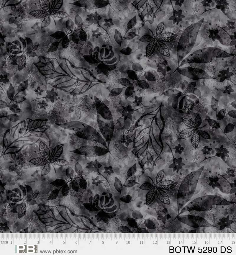 108 Inch Wide P&B Textiles Botanic Batik Foliage Charcoal Quilt Back Cotton Fabric Extra Wide