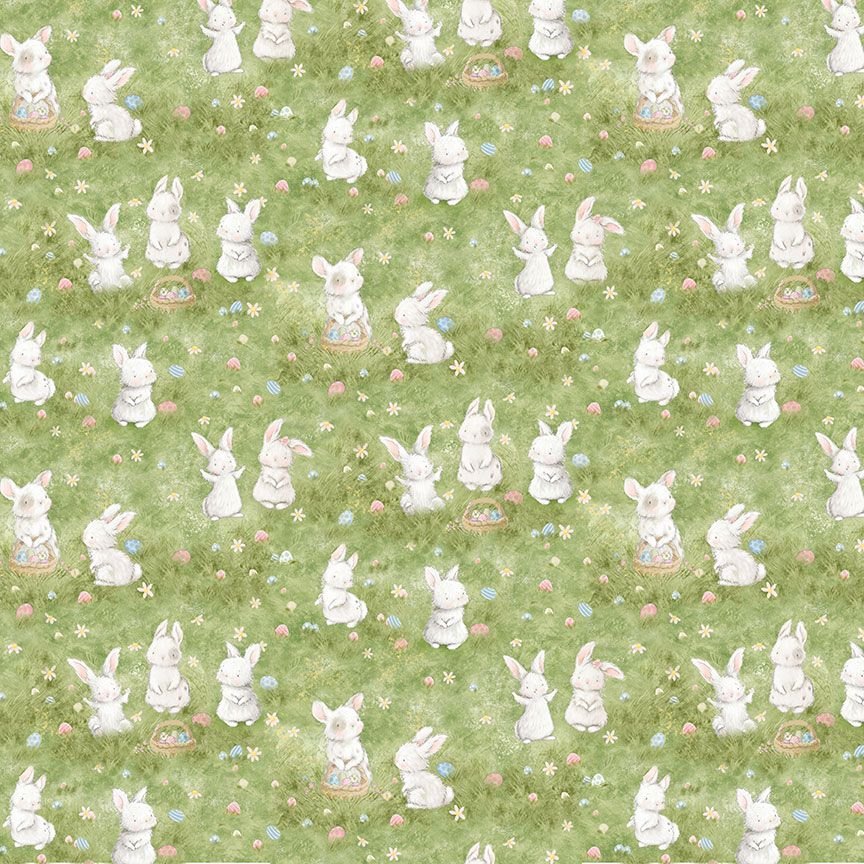 Timeless Treasures Bunnies Picking Easter Eggs Green Digital 100% Cotton