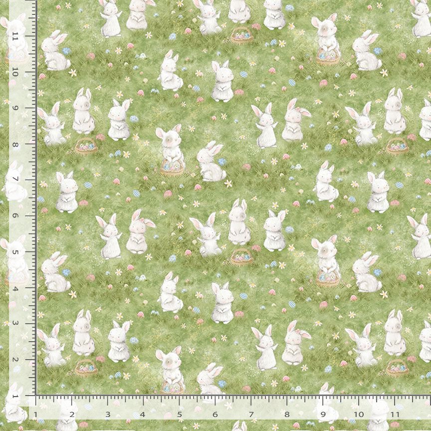 Timeless Treasures Bunnies Picking Easter Eggs Green Digital 100% Cotton