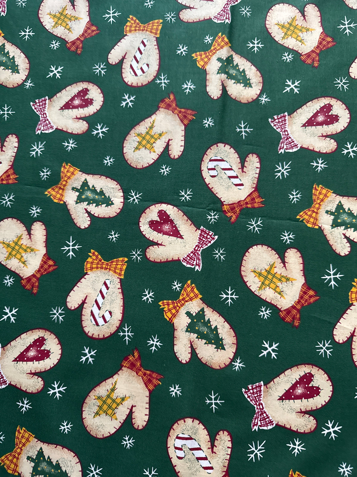 Christmas Vintage Mittens with Ribbons and Icons on Green 100% Lightweight Cotton Price per Yard