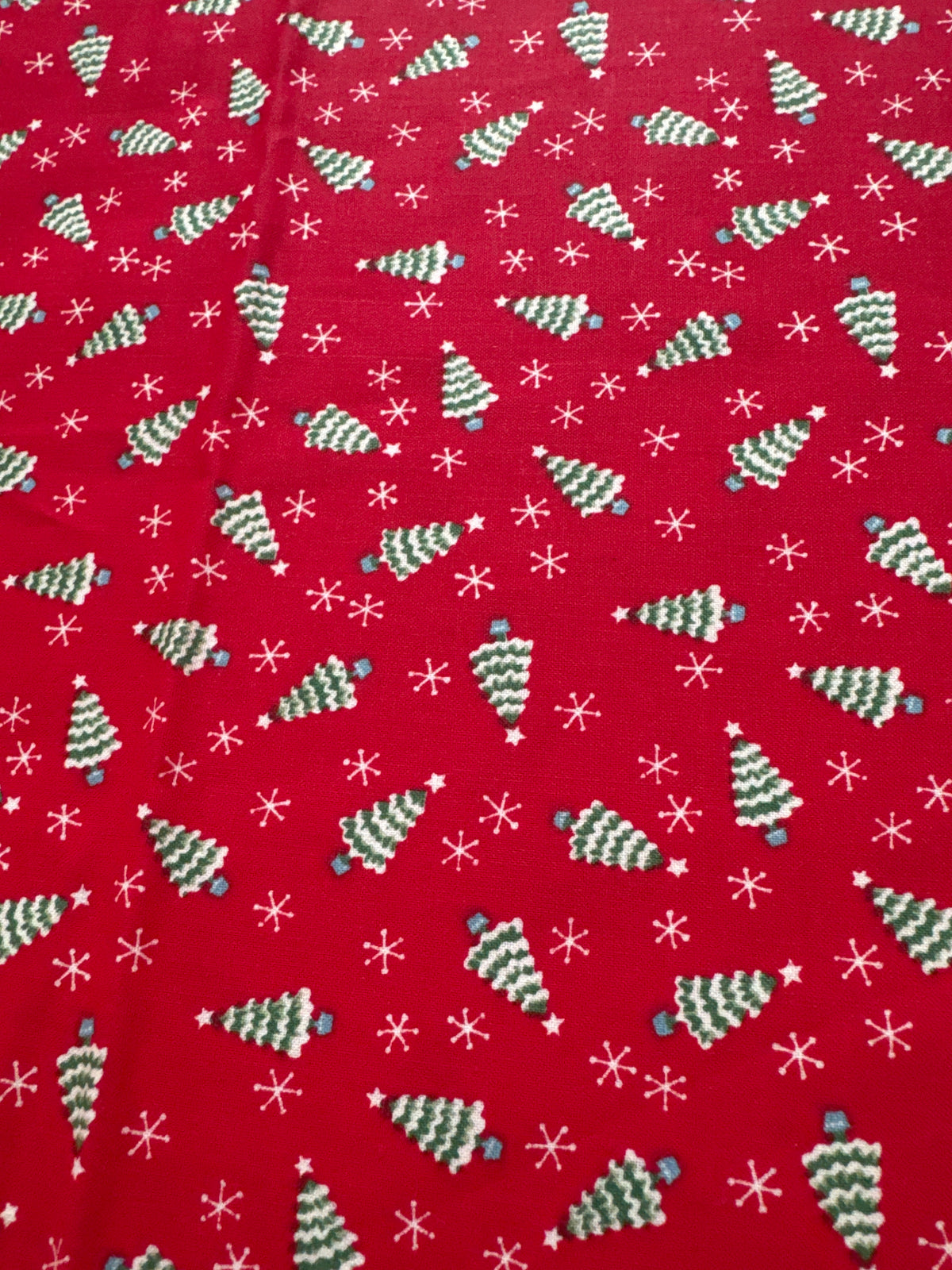 Christmas Vintage Mini Trees and Snowflakes on Red 100% Lightweight Cotton Price per Yard