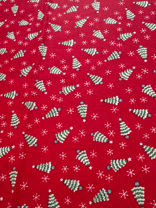 Christmas Vintage Mini Trees and Snowflakes on Red 100% Lightweight Cotton Price per Yard