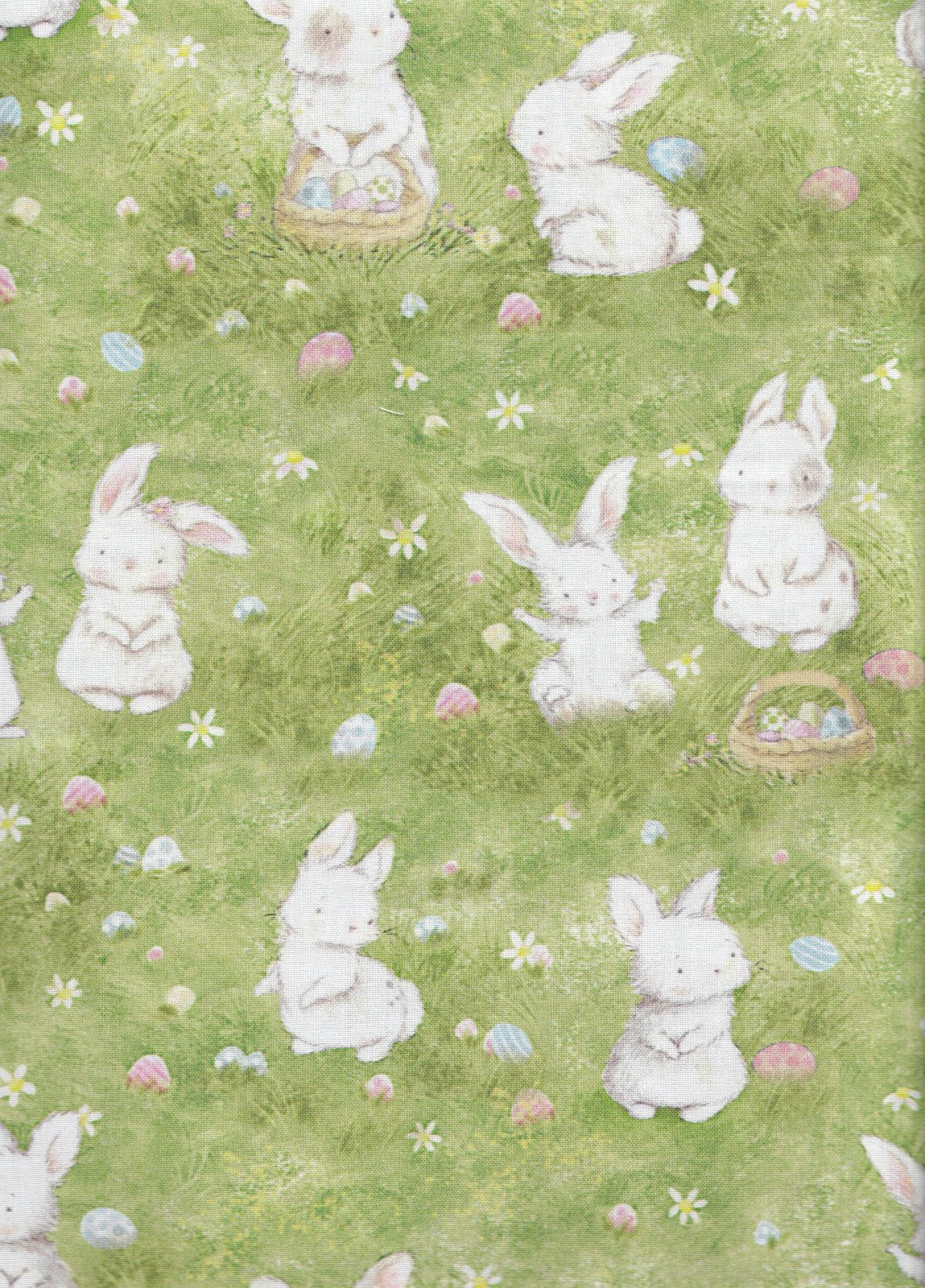 Timeless Treasures Bunnies Picking Easter Eggs Green Digital 100% Cotton