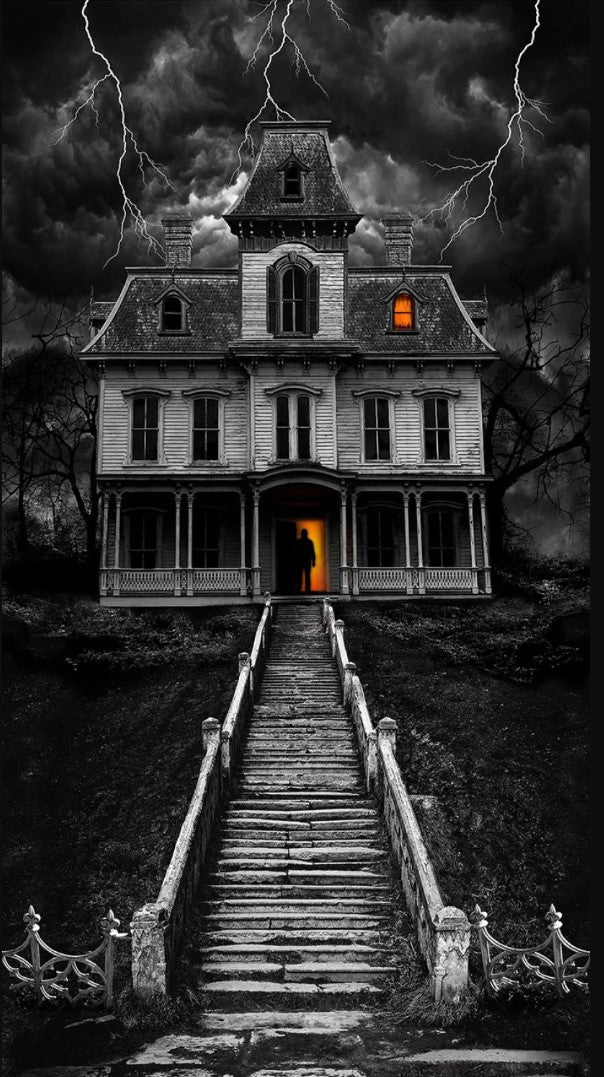 Timeless Treasures Halloween Wicked 24" Panel Haunted House Gray 100% Cotton Fabric Price per Panel