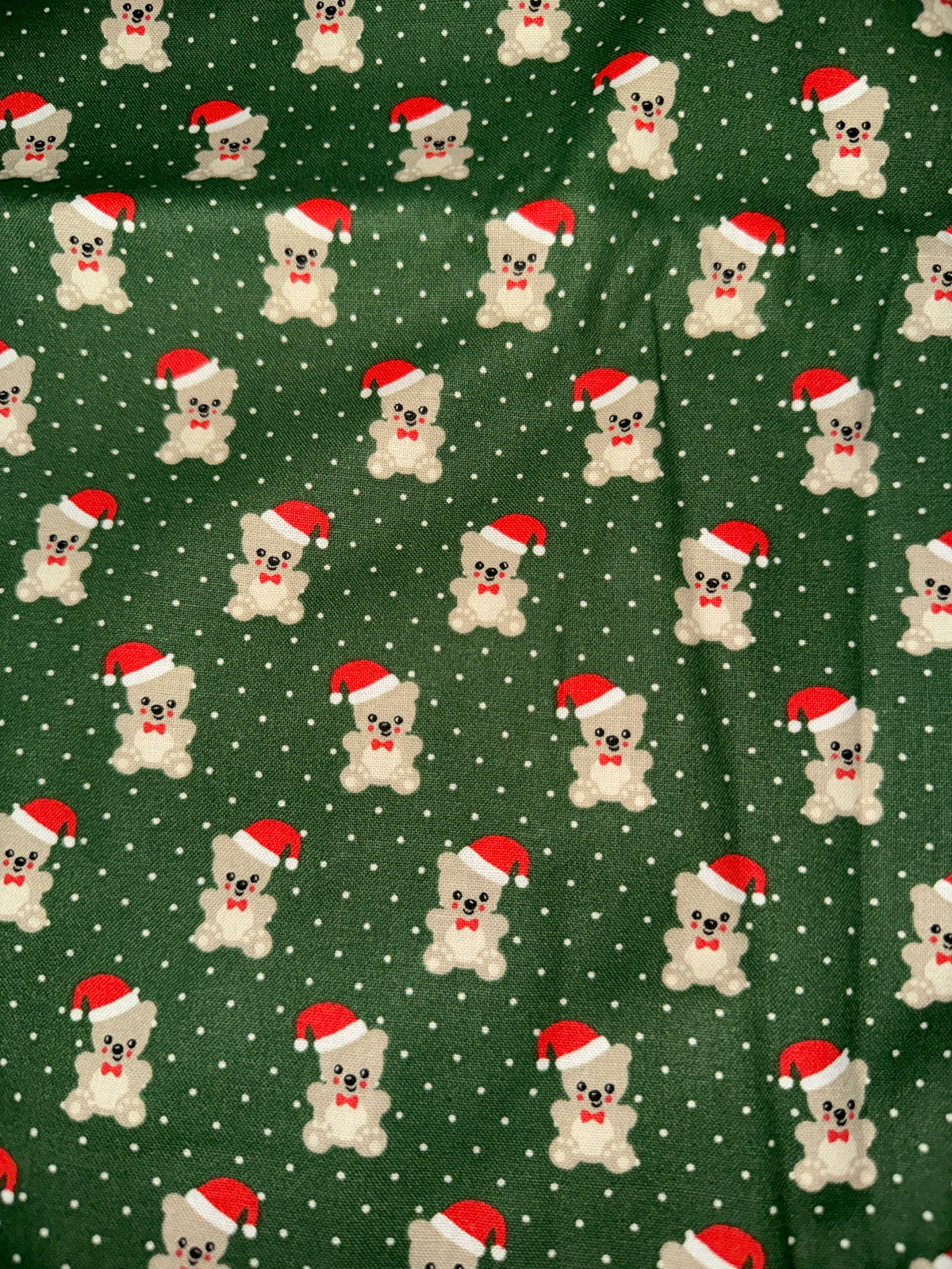 Christmas Teddy Bears on Green with Dots 100% Cotton Fabric