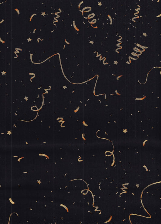 Timeless Treasures Christmas Gold Confetti Streamers on Black 100% Cotton Fabric By the yard