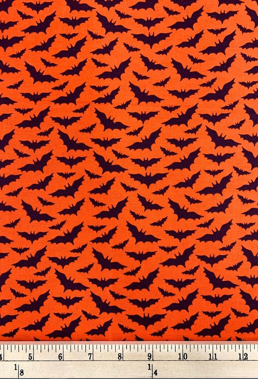 45 x 36 Halloween Flying Bats on Dark Orange 100% Cotton Fabric