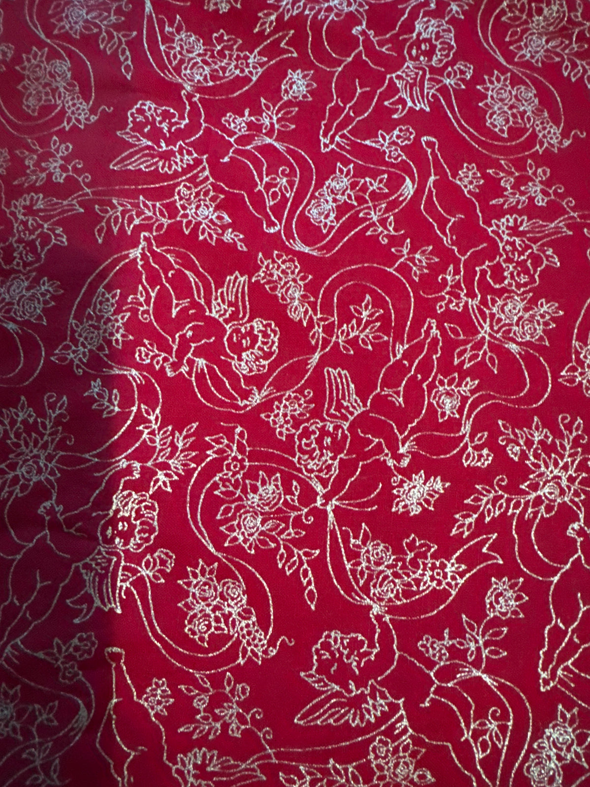 Christmas Vintage Metallic Gold Cherubs Angels and Ribbons on Red 100% Lightweight Cotton Price per Yard