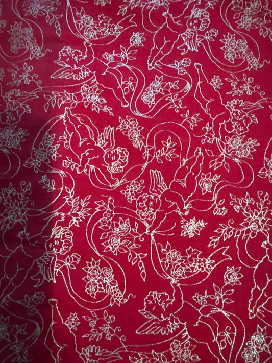 Christmas Vintage Metallic Gold Cherubs Angels and Ribbons on Red 100% Lightweight Cotton Price per Yard