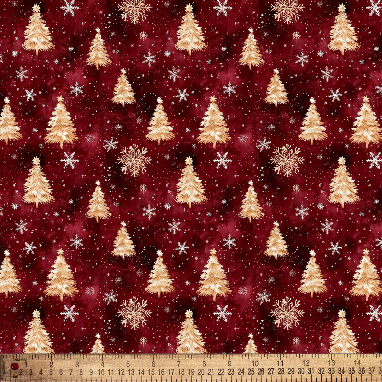 Christmas Gold Trees and Snowflakes on Red 100% Cotton Price per Yard