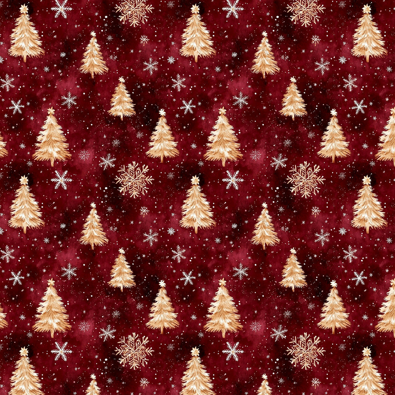 Christmas Gold Trees and Snowflakes on Red 100% Cotton Price per Yard