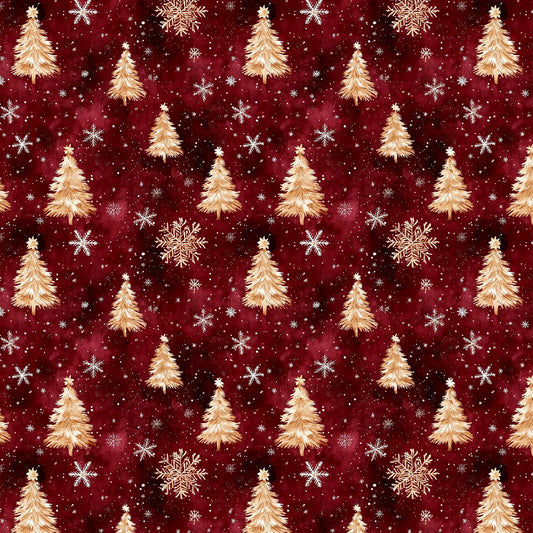 Christmas Gold Trees and Snowflakes on Red 100% Cotton Price per Yard