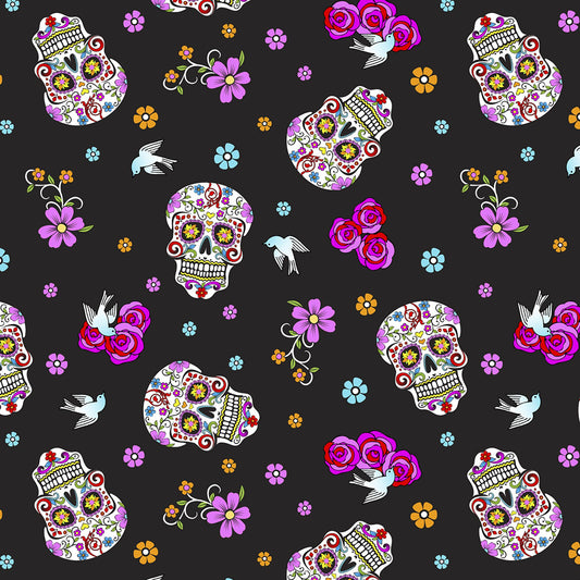 45 x 36 Calaveras Day of the Dead with Glitter David Textiles 100% Cotton Fabric Halloween