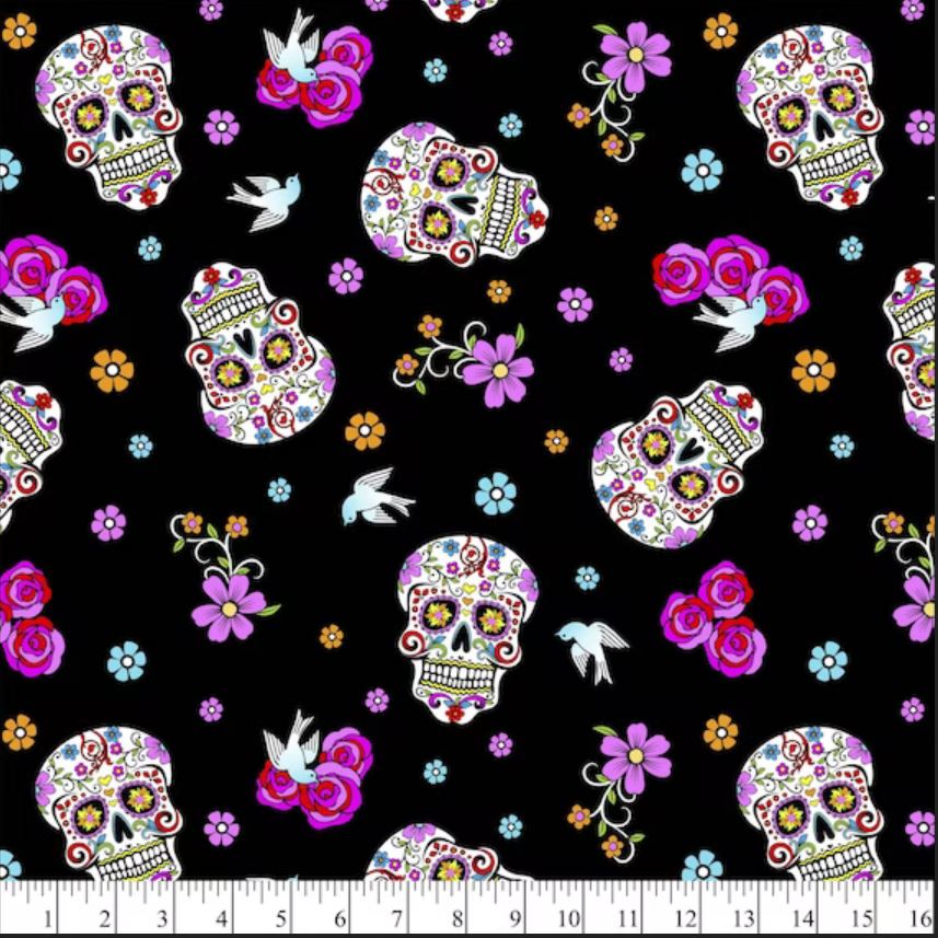 45 x 36 Calaveras Day of the Dead with Glitter David Textiles 100% Cotton Fabric Halloween