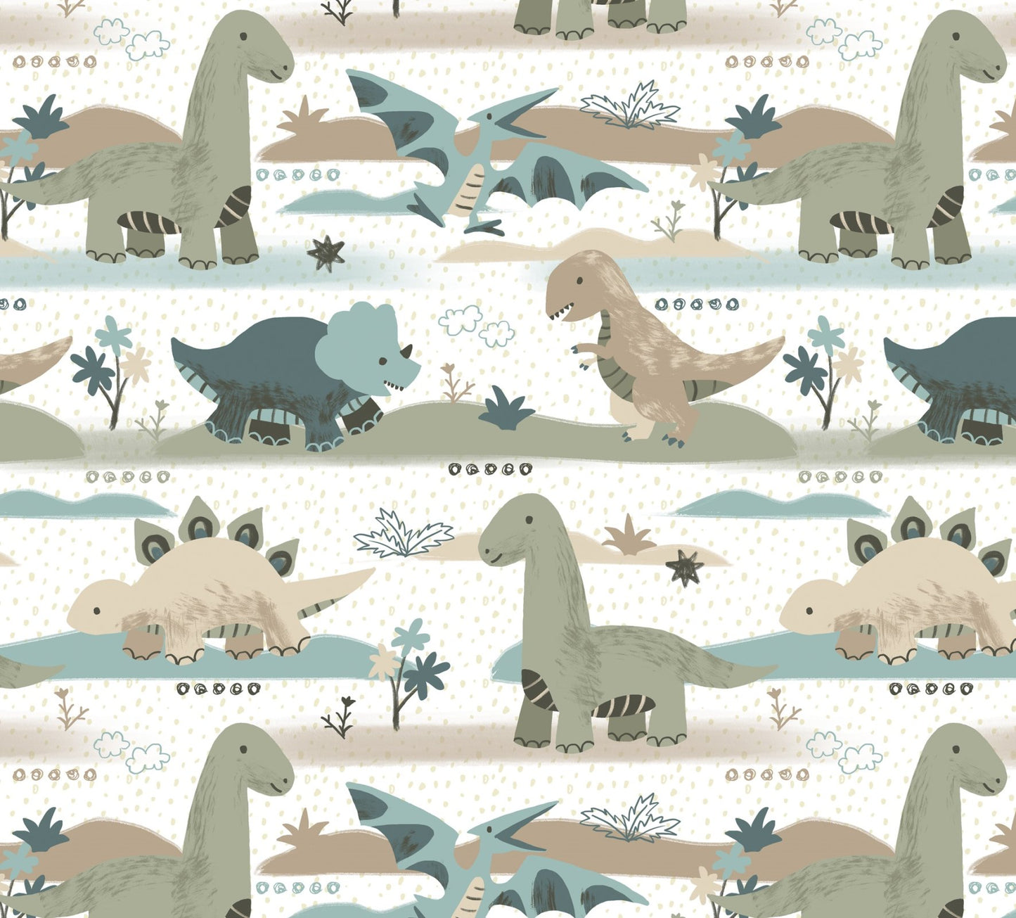 David Textiles Fantastic Flannel Going Dino White Baby Price per Yard