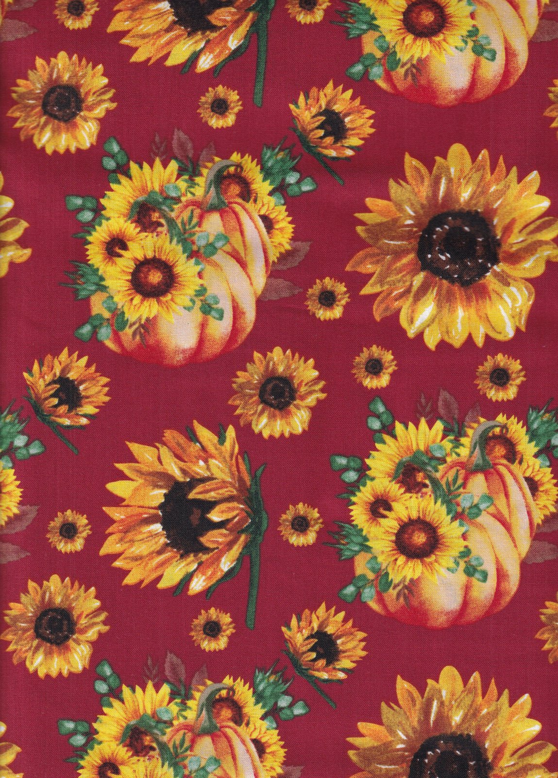 Thanksgiving Sunflower Bouguets and Pumpkins on Burgundy 100% Cotton Price per Yard