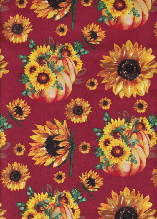 Thanksgiving Sunflower Bouguets and Pumpkins on Burgundy 100% Cotton Price per Yard