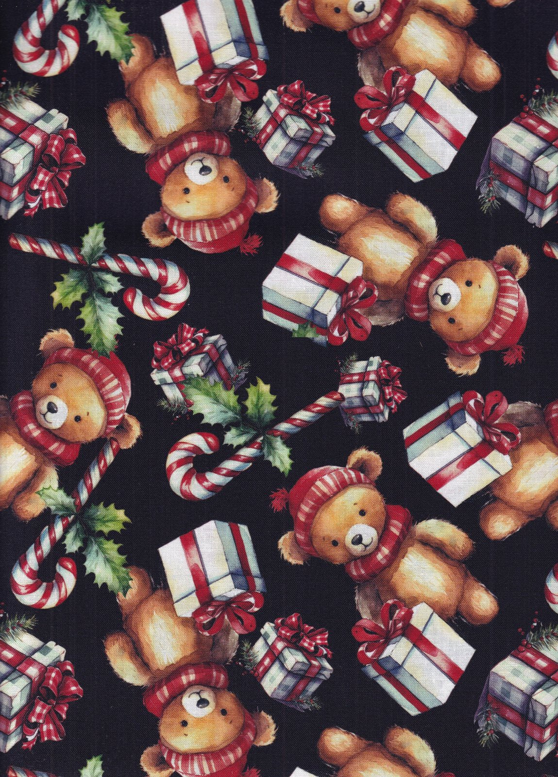 Christmas Bears and Candy Canes on Black Digital Print