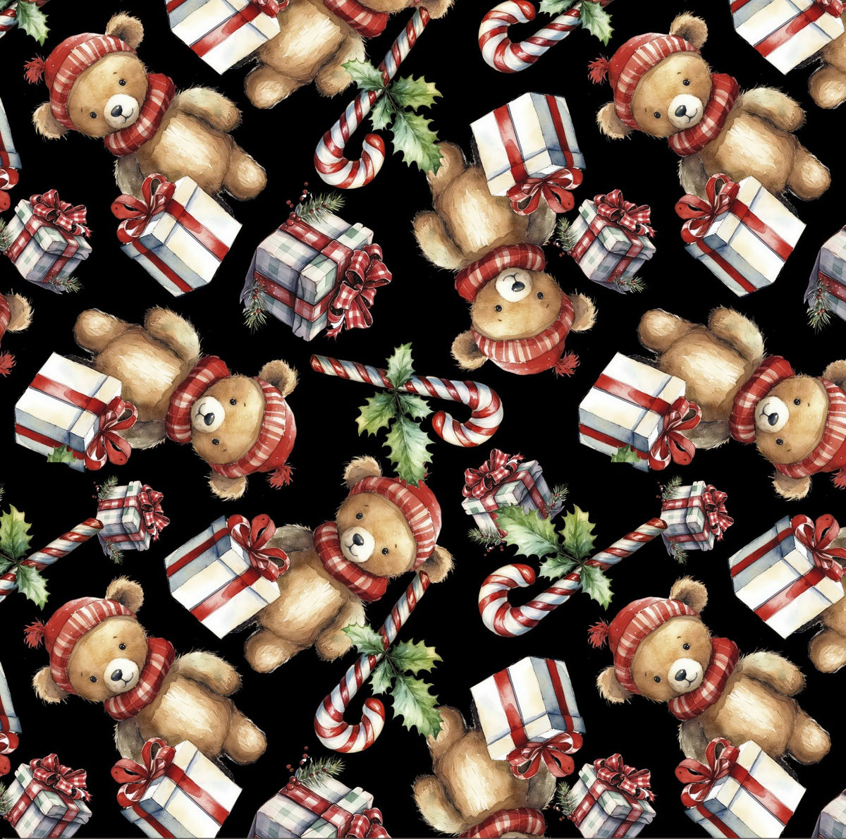 Christmas Bears and Candy Canes on Black Digital Print