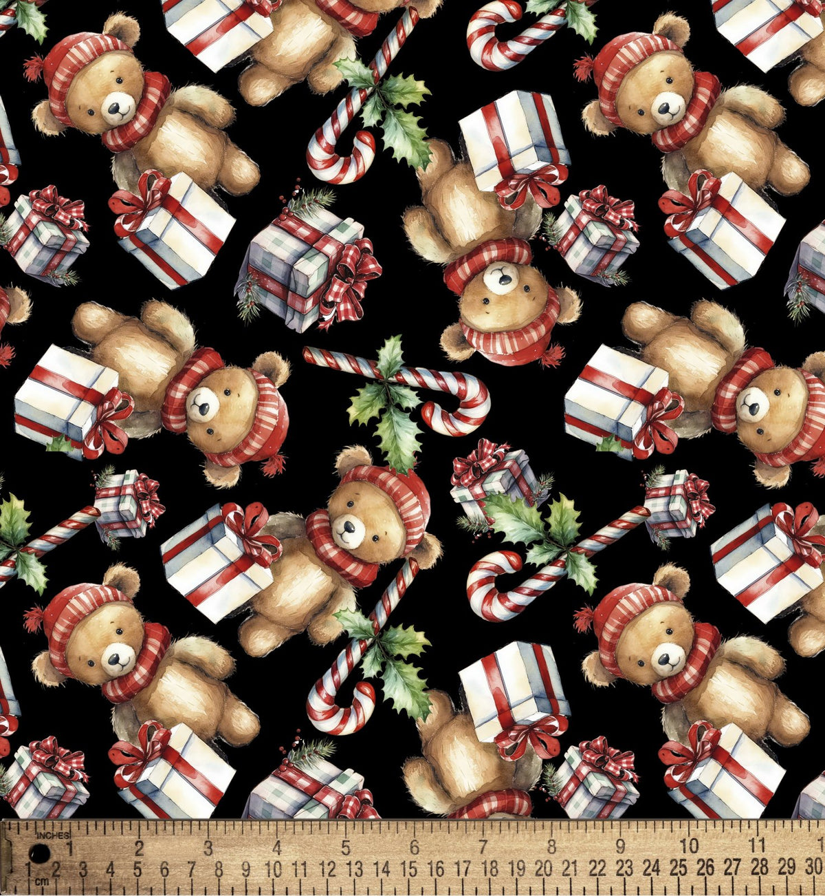 Christmas Bears and Candy Canes on Black Digital Print