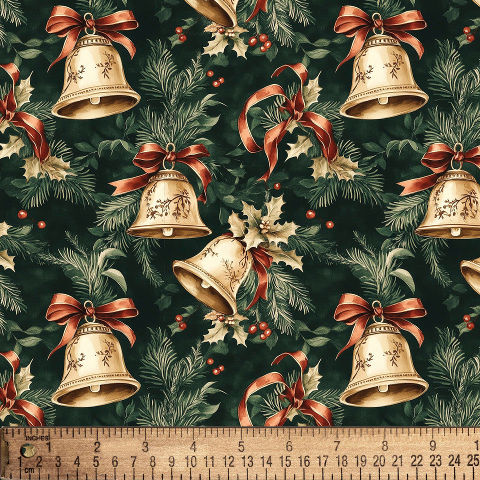 Christmas Gold Bells Holly Leaves on Green