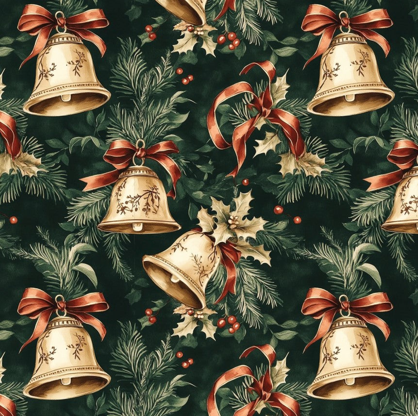 Christmas Gold Bells Holly Leaves on Green