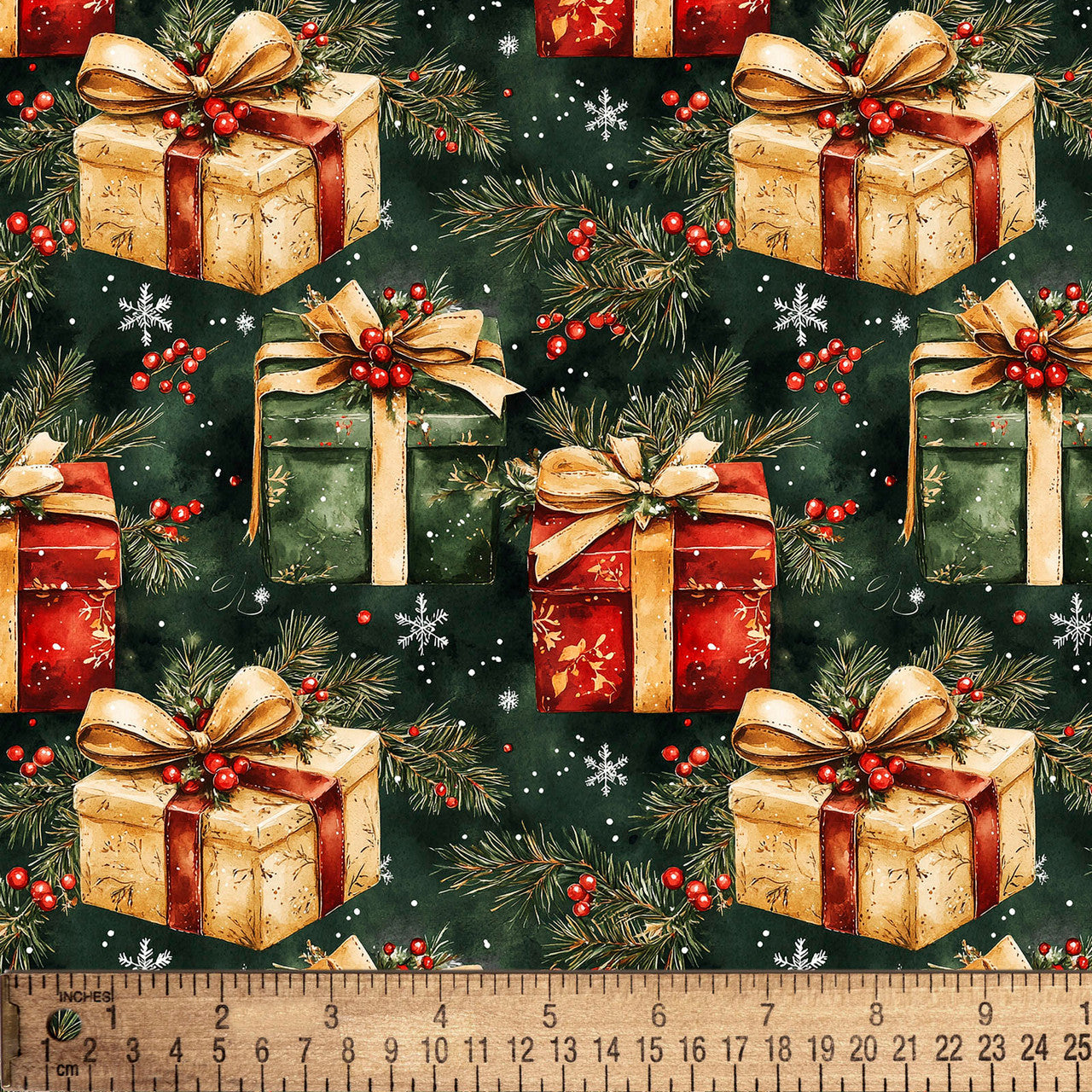 Christmas Wrapped Gifts Pine Branches on Green