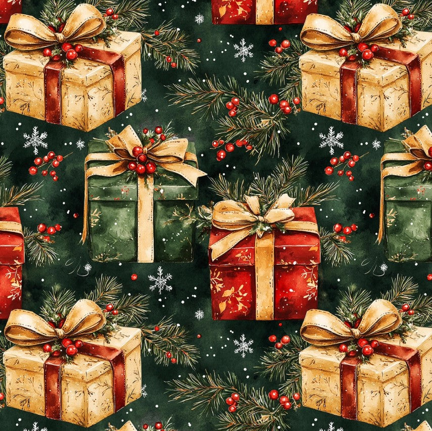 Christmas Wrapped Gifts Pine Branches on Green