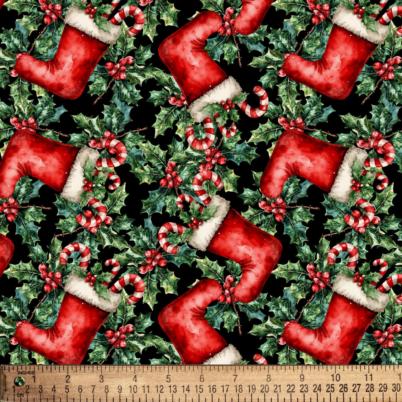 Christmas Santa Boots Candy Canes on Black