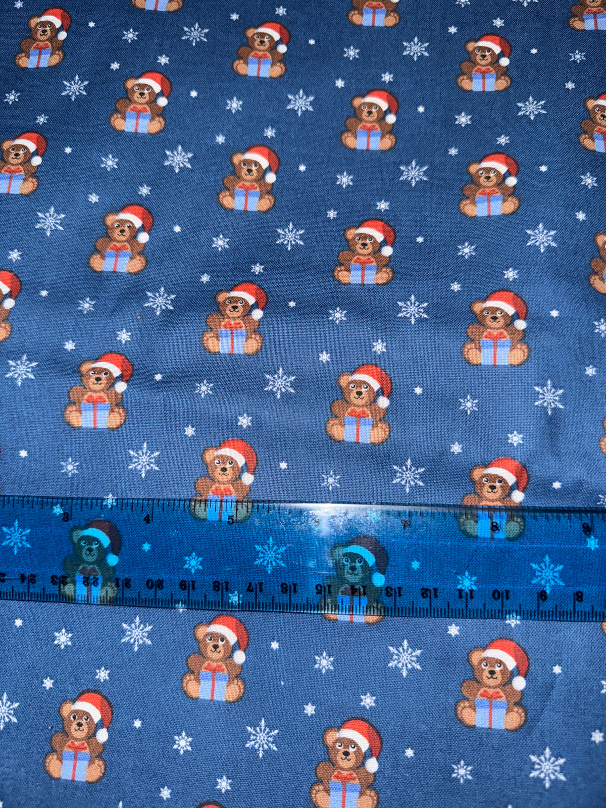Christmas Teddy Bears with Gifts on Blue 100% Cotton Fabric