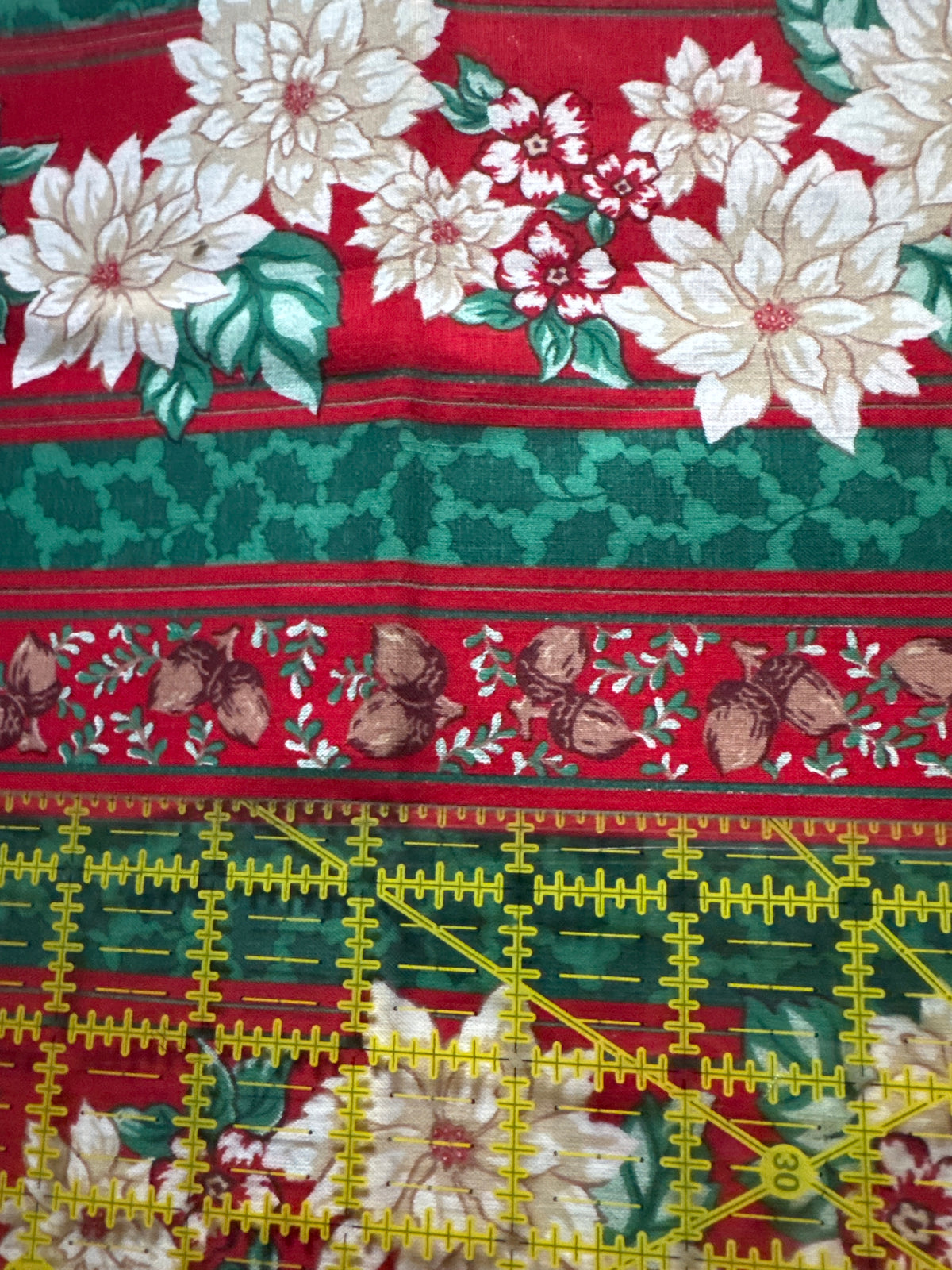 Christmas Vintage Poinsettia Acorns Border Stripe 100% Lightweight Cotton Price per Yard