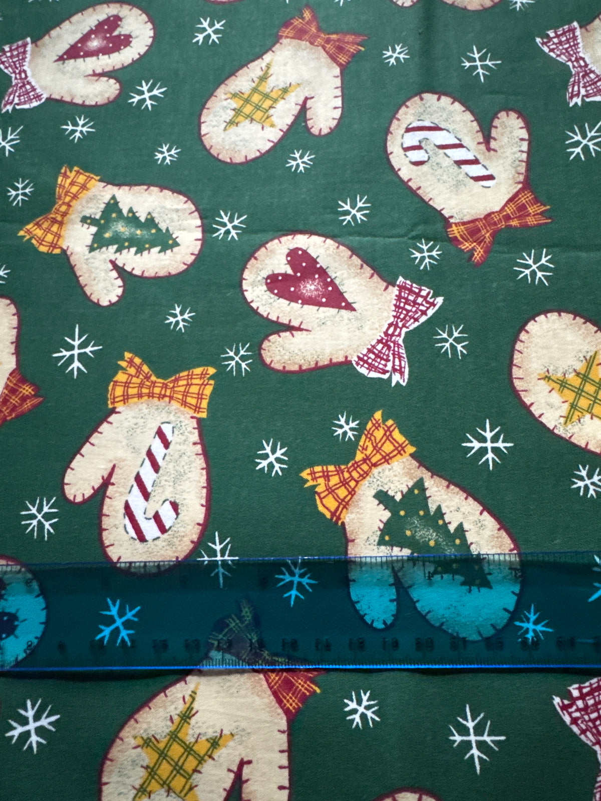 Christmas Vintage Mittens with Ribbons and Icons on Green 100% Lightweight Cotton Price per Yard