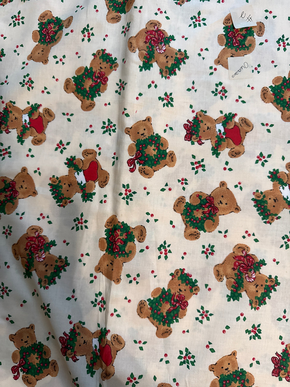 Christmas Vintage Teddy Bears with Wreaths on Cream 100% Lightweight Cotton Price per Yard
