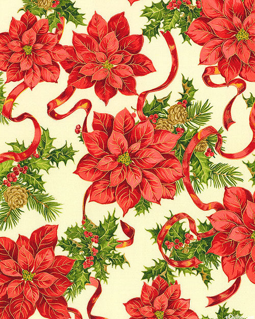 Paintbrush Studio Holiday Edition Poinsettia Bouquets Cream 100% Cotton Price per Yard