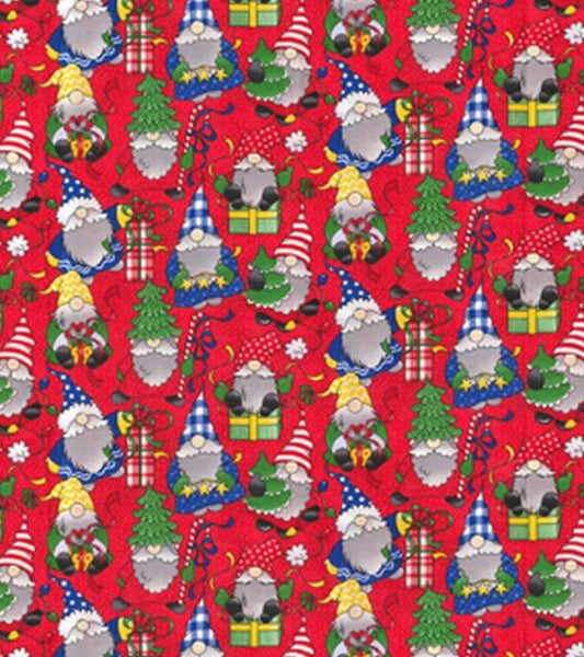 44 x 36 Christmas Holiday Cheer Gnomes on Red 100% Cotton Fabric