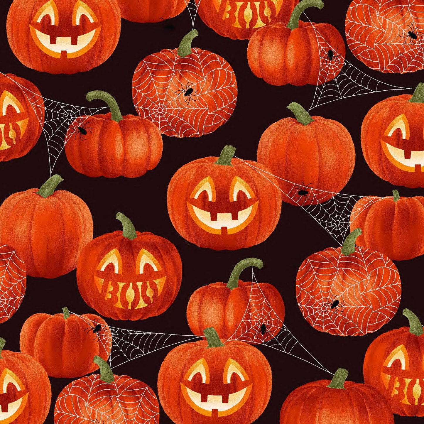 45 x 36 Halloween Glitter Smiling Pumpkins and Spiderwebs on Black 100% Cotton Fabric