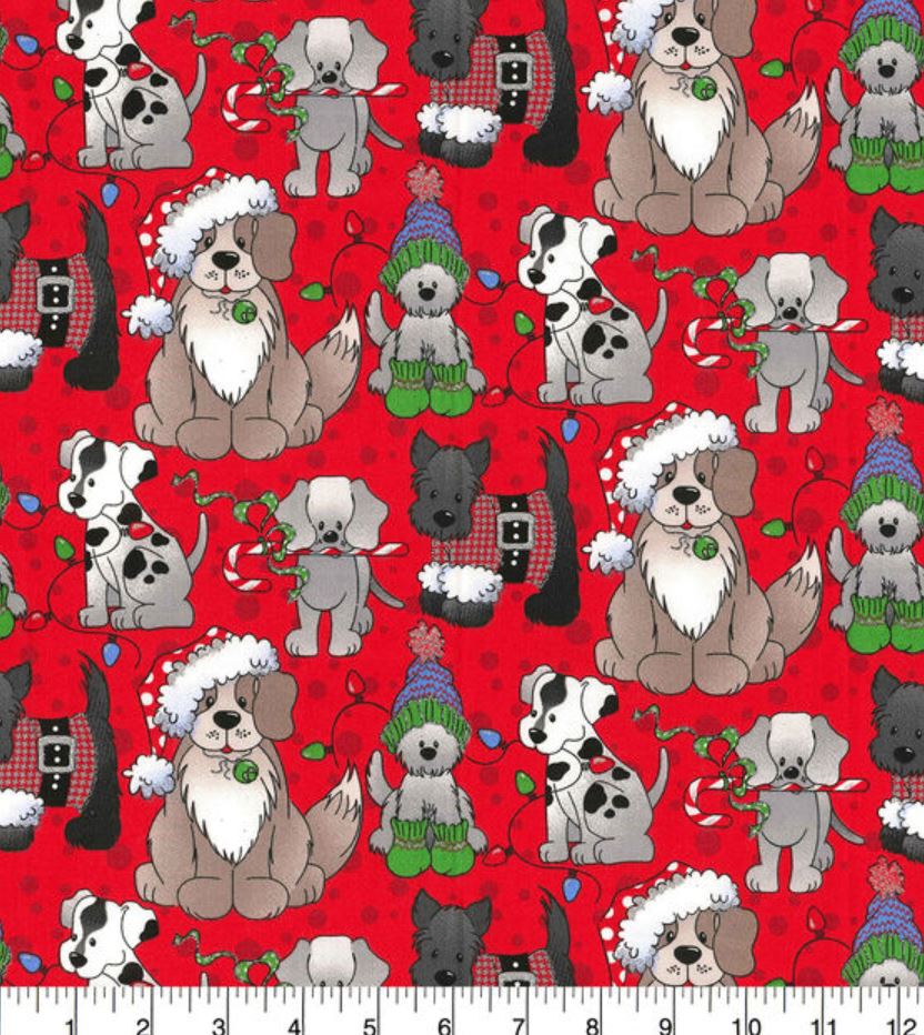 44 x 36 Christmas Dogs Puppies on Red Glitter Fabric Traditions 100% Cotton