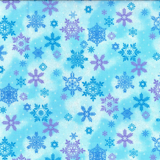 44 x 36 Christmas Blue & Purple Snowflake Glitter Fabric Traditions 100% Cotton