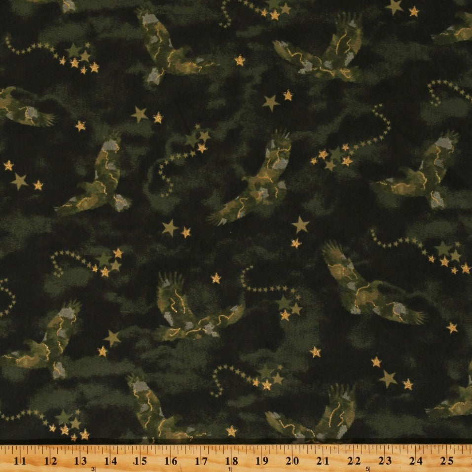 Fabric Traditions Patriotic Eagles Glitter on Green