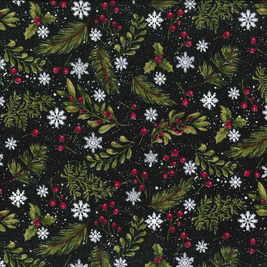 44 x 36 Christmas Winter Holly Berries on Black Glitter Fabric Traditions 100% Cotton