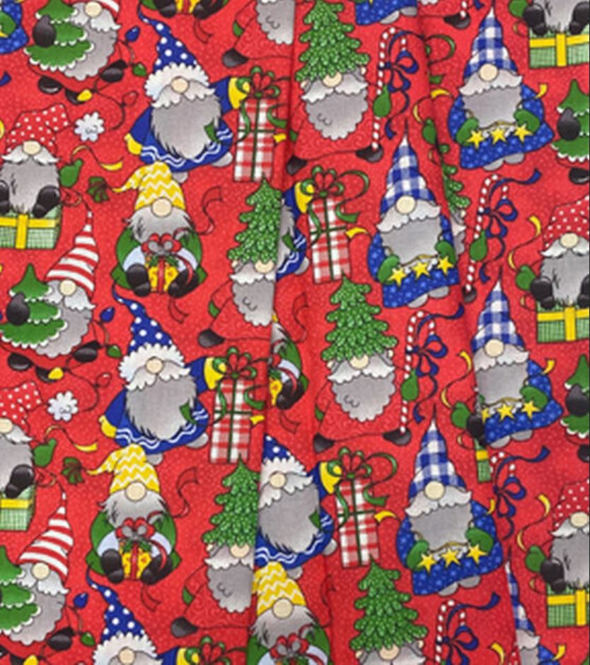 44 x 36 Christmas Holiday Cheer Gnomes on Red 100% Cotton Fabric