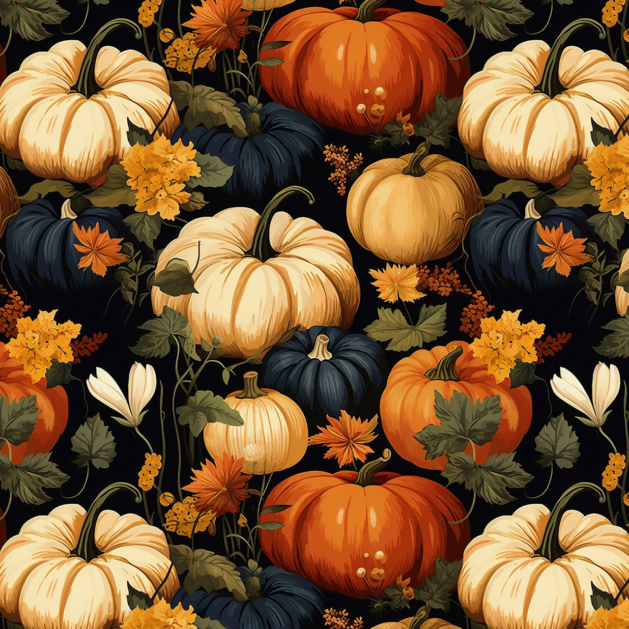 Thanksgiving Pumpkin Patch Harvest Multi on Blue 100% Cotton