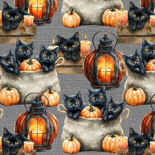 Halloween Black Cats in Burlap Bags 100% Cotton