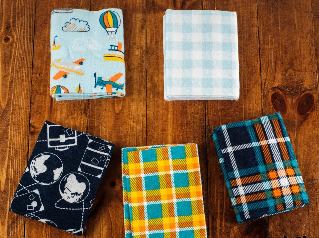 5 Flannel Fat Quarters Adventure Awaits Blue Gray Yellow 18" x 21" Precut Baby