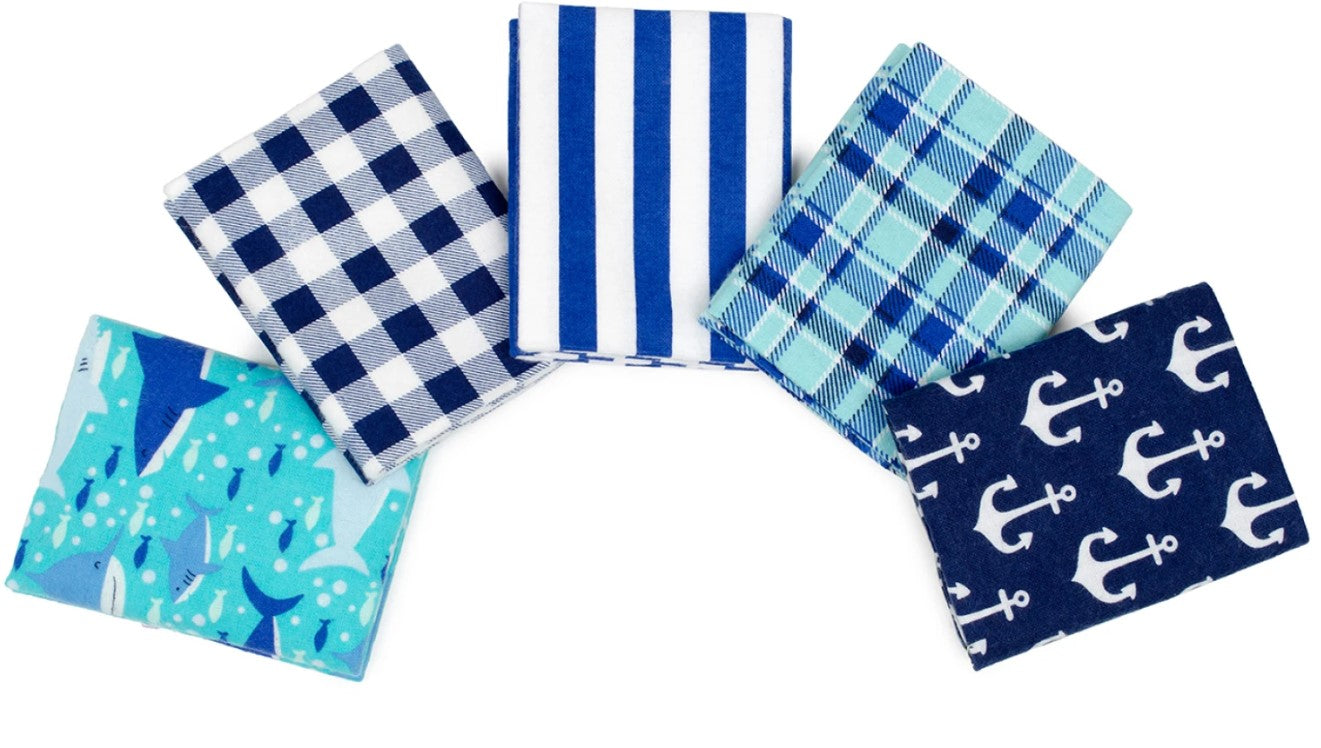5 Flannel Fat Quarters Sea Life  Blue White 18" x 21" Precut Baby