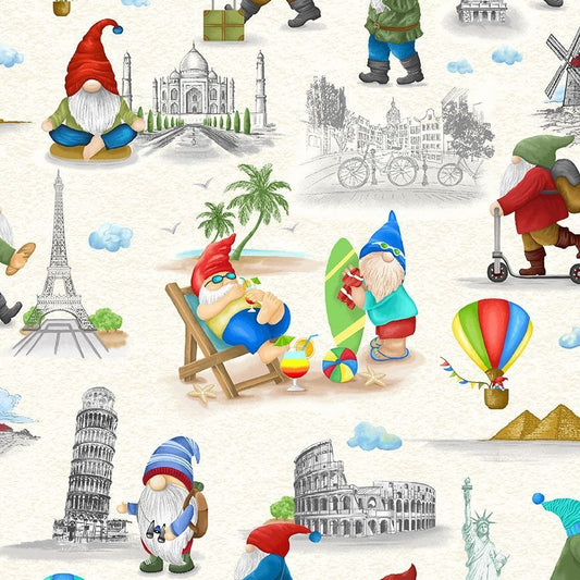 44 x 36 Traveling Gnomes Cream 100% Cotton Timeless Treasures All Over Prints