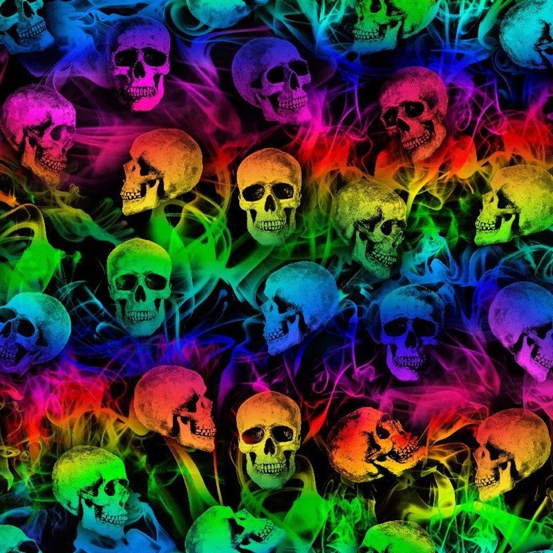 Halloween Batik Smokey Rainbow Skulls on Black
