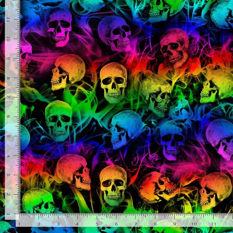 Halloween Batik Smokey Rainbow Skulls on Black