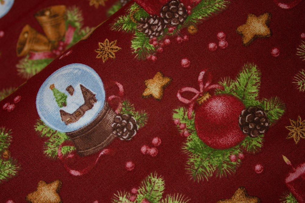 Christmas Snow Globes Bells and Candles on Red 100% Cotton Fabric