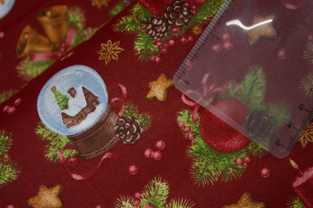 Christmas Snow Globes Bells and Candles on Red 100% Cotton Fabric